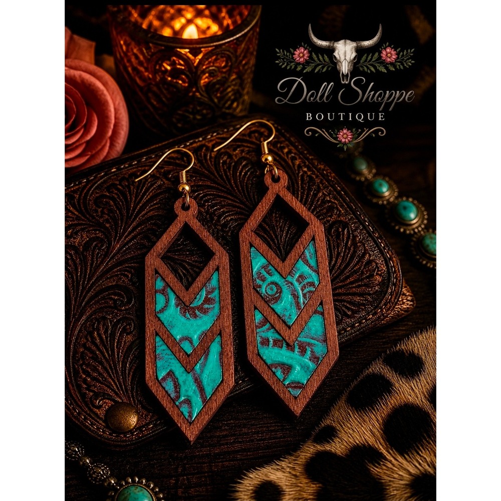 Turquoise Wood Faux Leather Earrings | Western Boho Dangle 🤠